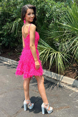 Sparkly Fuchsia A-Line Lace Short Homecoming Dress/Mini Dress with Feathers
