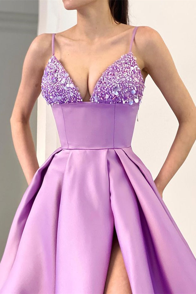 Lavender A-Line Spaghetti-Straps Sequins Evening Dress With Split
