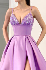 Lavender A-Line Spaghetti-Straps Sequins Evening Dress With Split