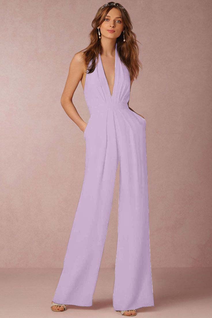 Casual Black Deep V-Neck Halter Long Daily Jump Suit