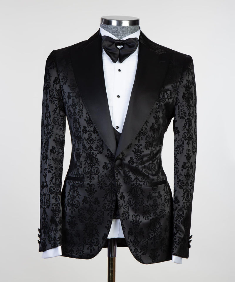 Formal Bespoke Black Peaked Lapel Three-Piece Jacquard Men's Suits