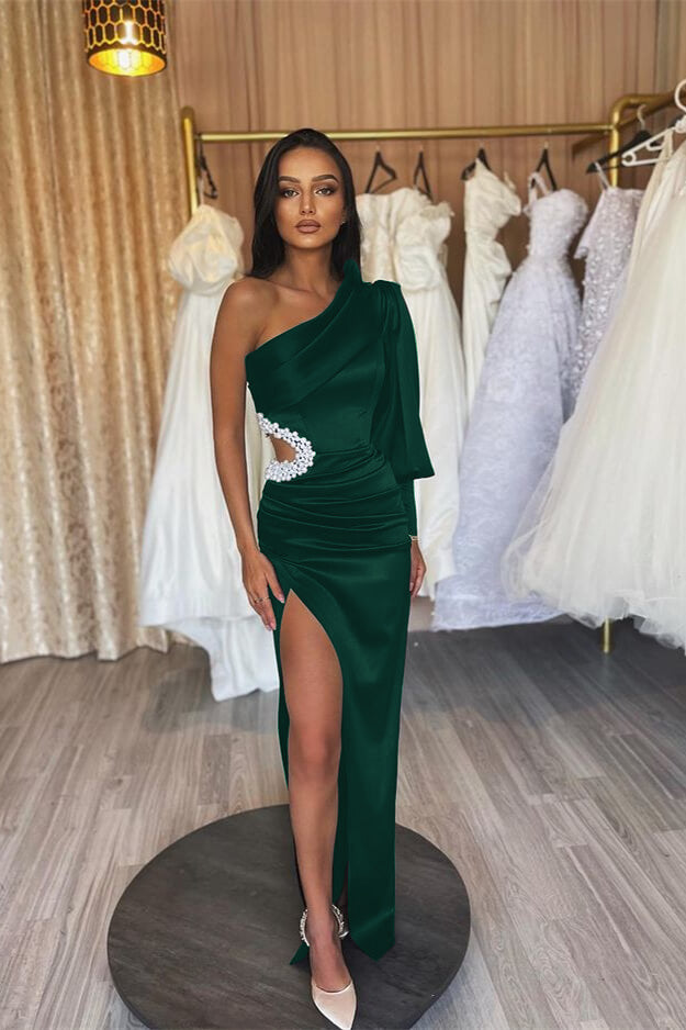Black One Shoulder Long Sleeve Slit Mermaid Evening Dress With Pearls