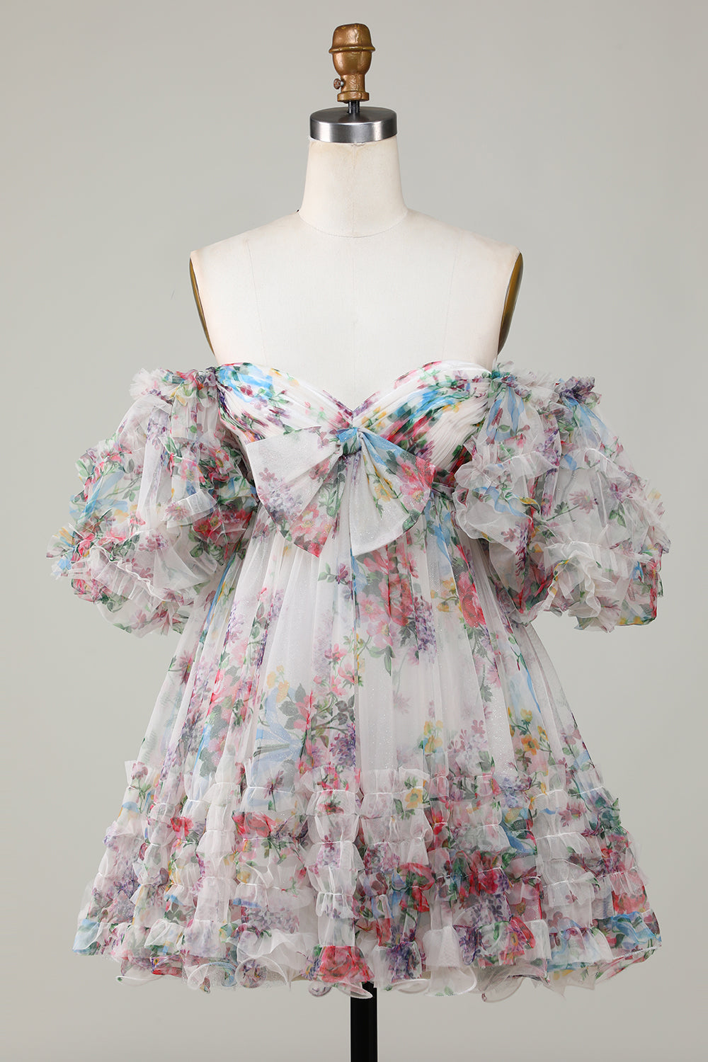 Dark Blue Puff Sleeves A-Line Floral Short Homecoming Dress/Mini Dress with Ruffles