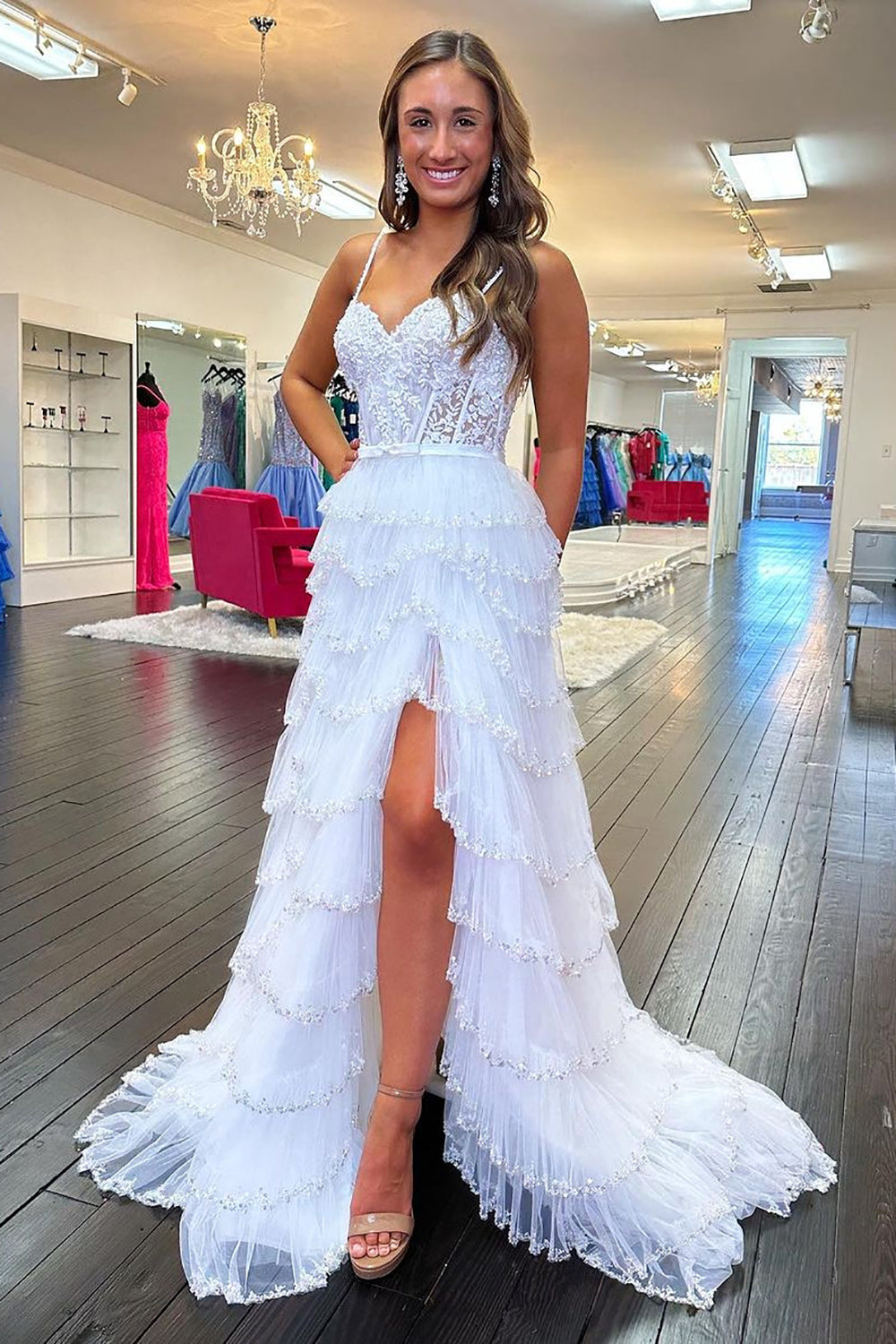 White Corset Prom Dress with Princess A Line Spaghetti Straps Appliques and Ruffles