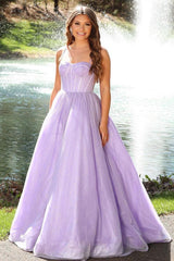 Light purple long prom dress with spaghetti straps in an A-line cut