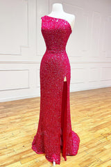 White Sequined Long Prom Gown with One Shoulder and Front Slit