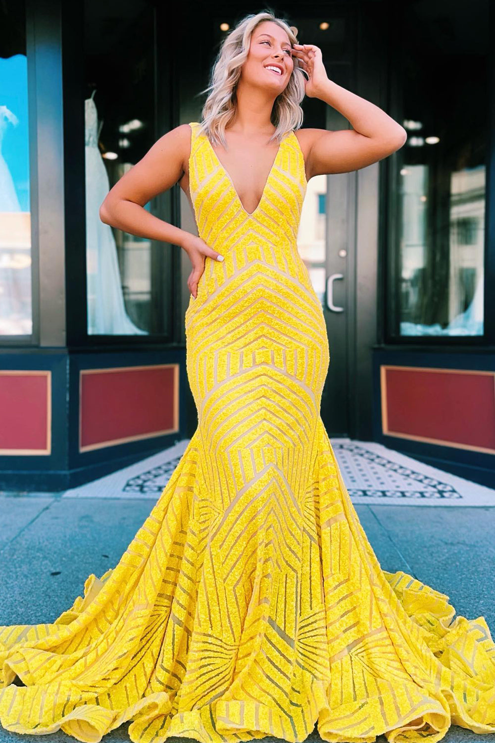 Deep V Neck Sequin Mermaid Prom Dress in Mustard Green