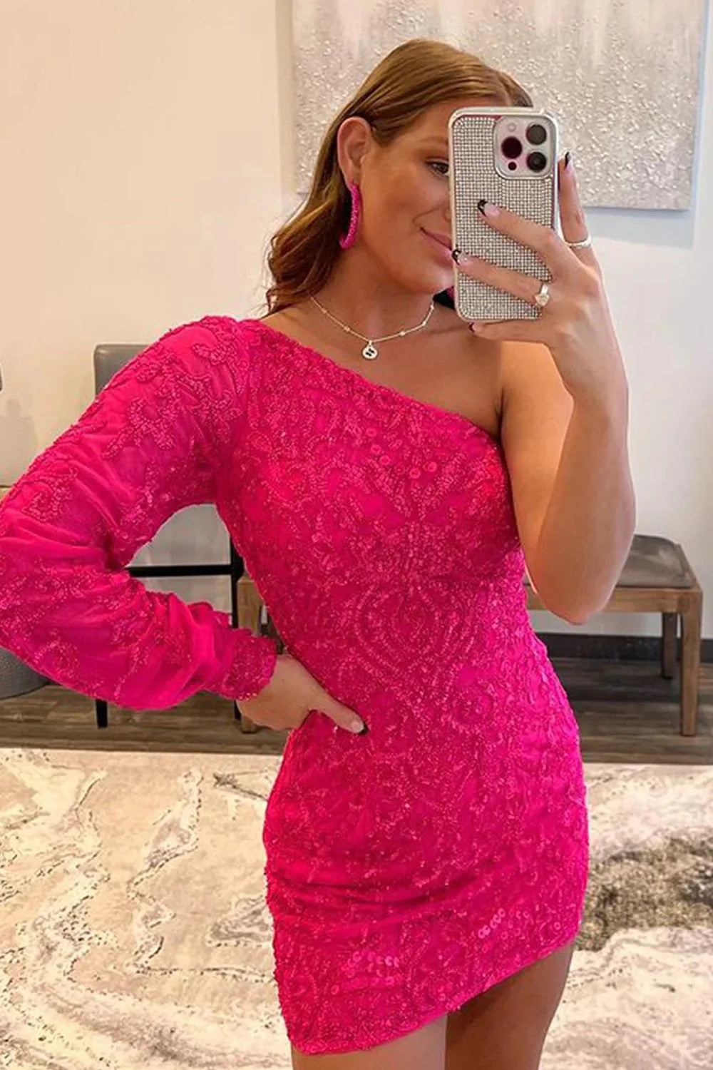 Orange Beaded Sequins One Shoulder Tight Homecoming Dress/Mini Dress