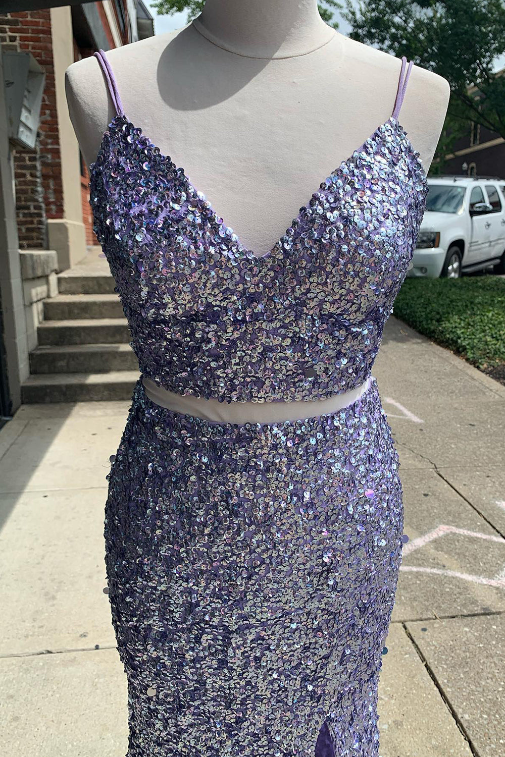 Orange Sequined Two-Piece Mermaid Prom Dress Featuring a Slit
