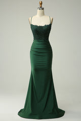 Dark Green Long Prom Dress with Mermaid Spaghetti Straps and Appliques