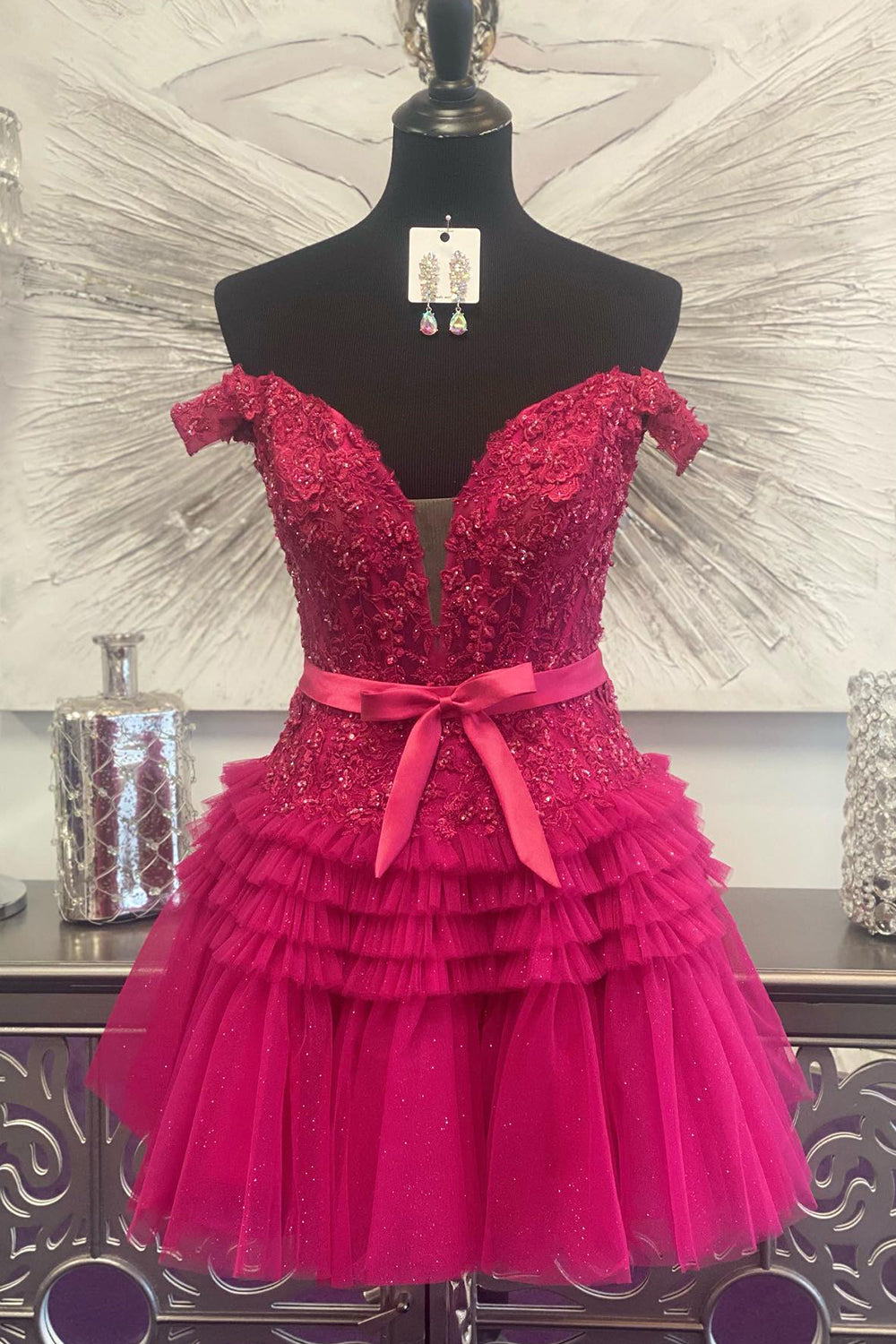 Sparkly Pink Tiered A-Line Tulle Short Homecoming Dress/Mini Dress with Lace