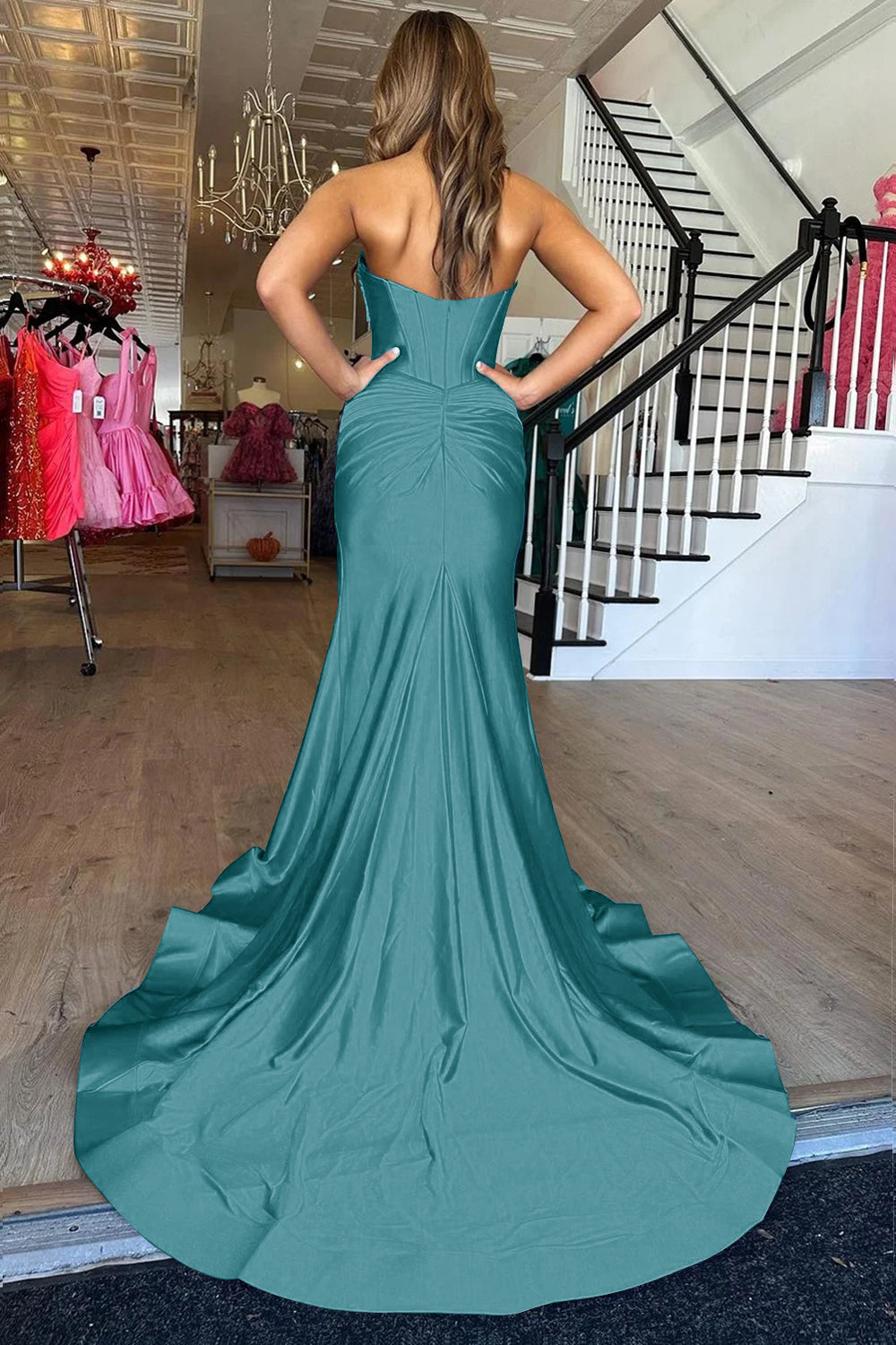 Long Orange Satin Mermaid Prom Dress with Corset and Slit