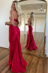 Long Satin Prom Dress with Elegant Red Spaghetti Straps and Cut-out Mermaid Design