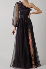 Black One Shoulder A-Line Long Sleeve Prom Gown