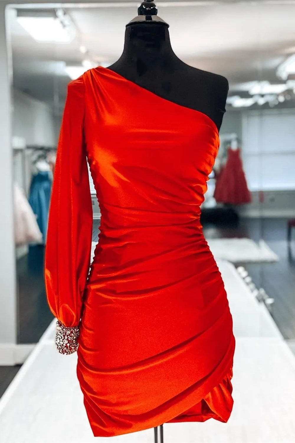 Red Tight Beaded Homecoming Dress/Mini Dress with Sleeves