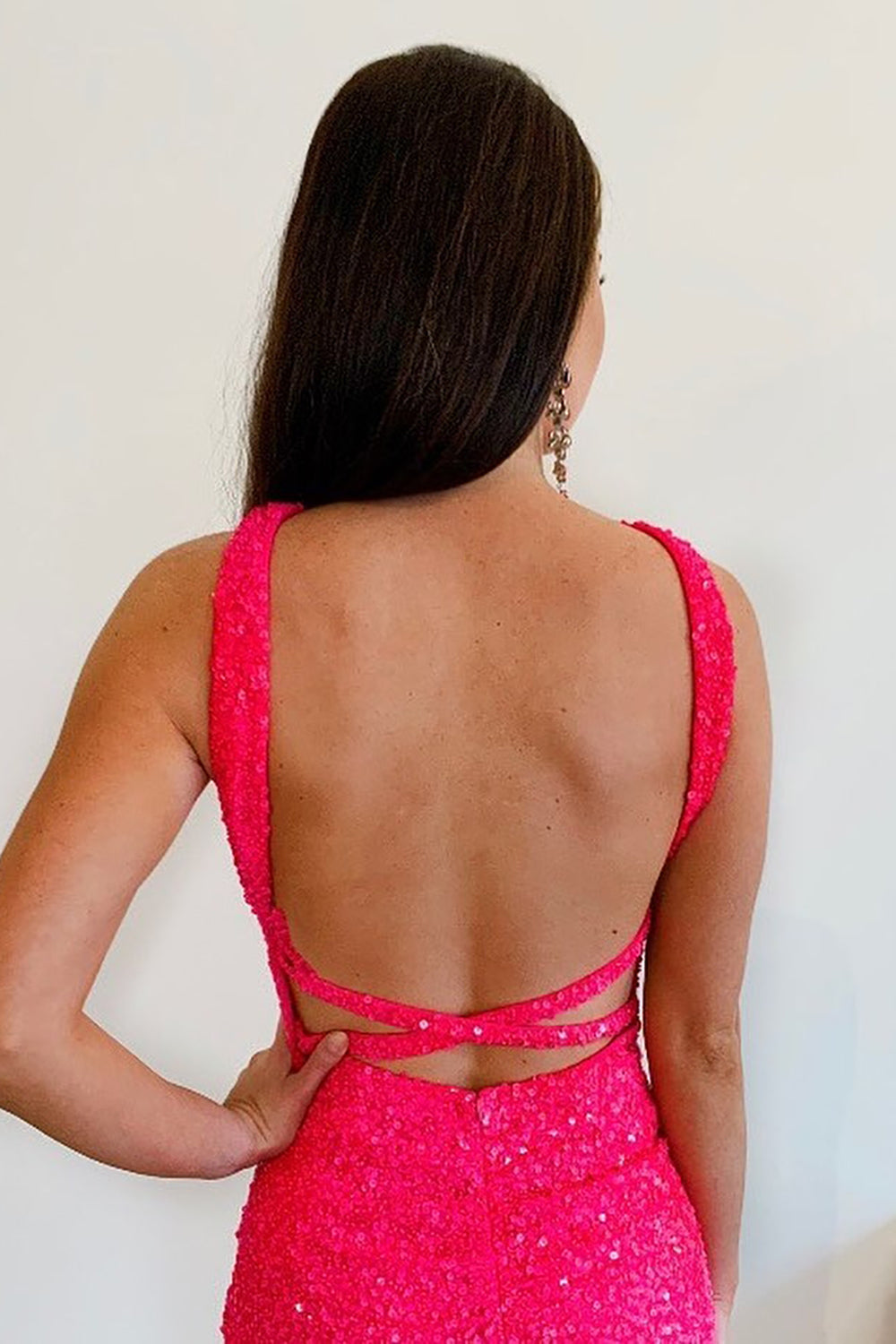 Fuchsia Halter Sleeveless Sequined Homecoming Dress/Mini Dress