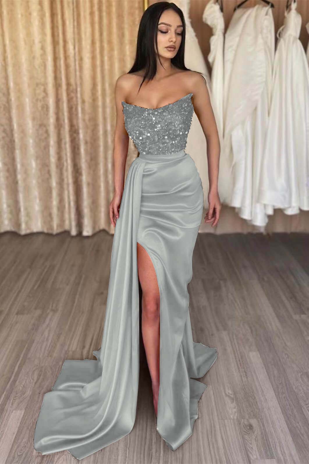 Red Strapless Elegant Sleeveless Long Sequins Formal Dress Mermaid Side Split