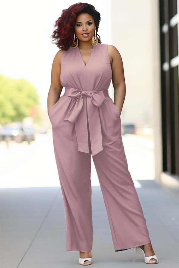 Pool Blue V-Neck Sleeveless Jump Suit With Bow Belt