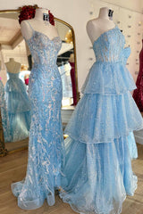 Blue One-Shoulder Corset Prom Dress with Ruffles in A-Line Princess Style