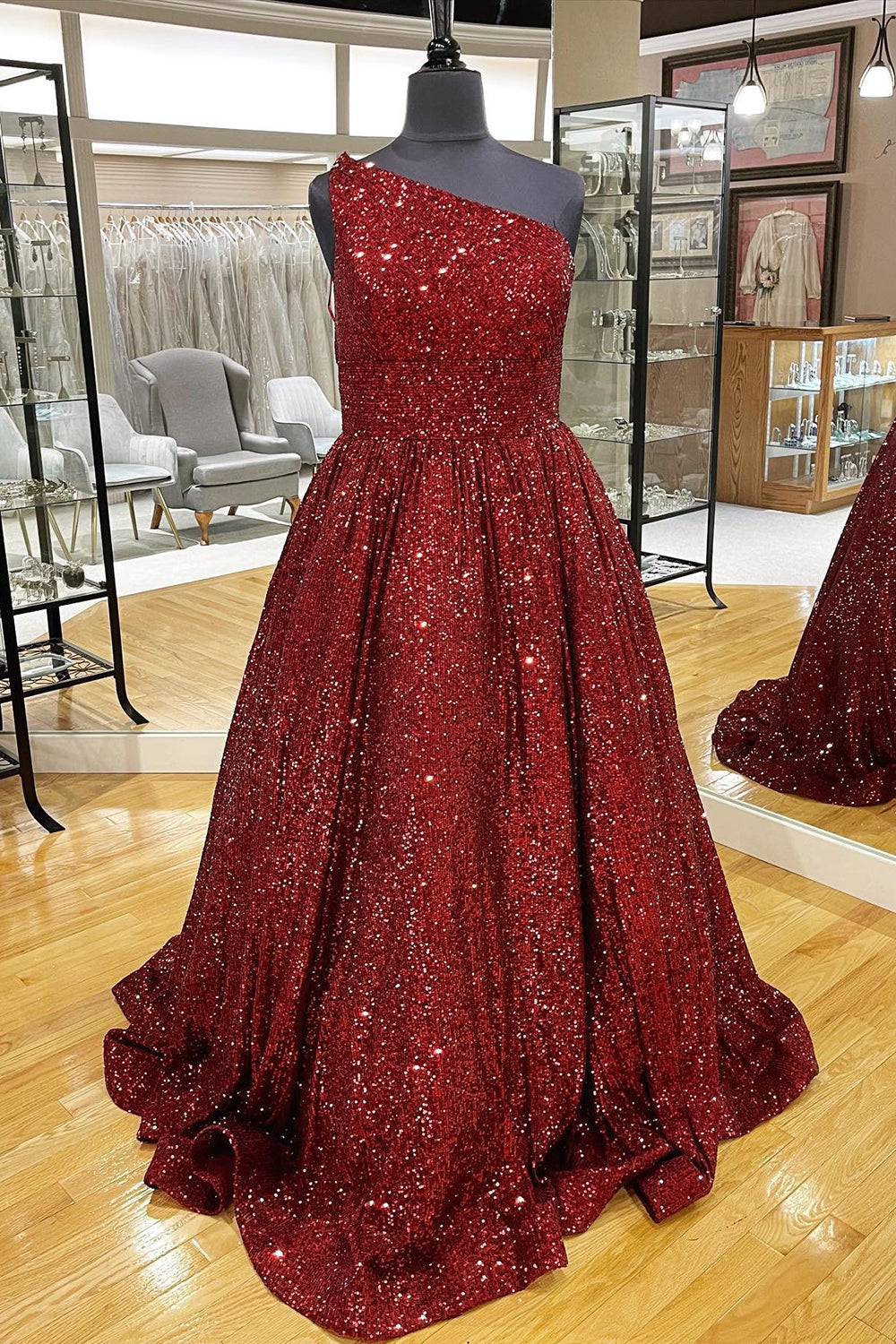 Pink Sparkling One-Shoulder A-Line Sequin Prom Gown