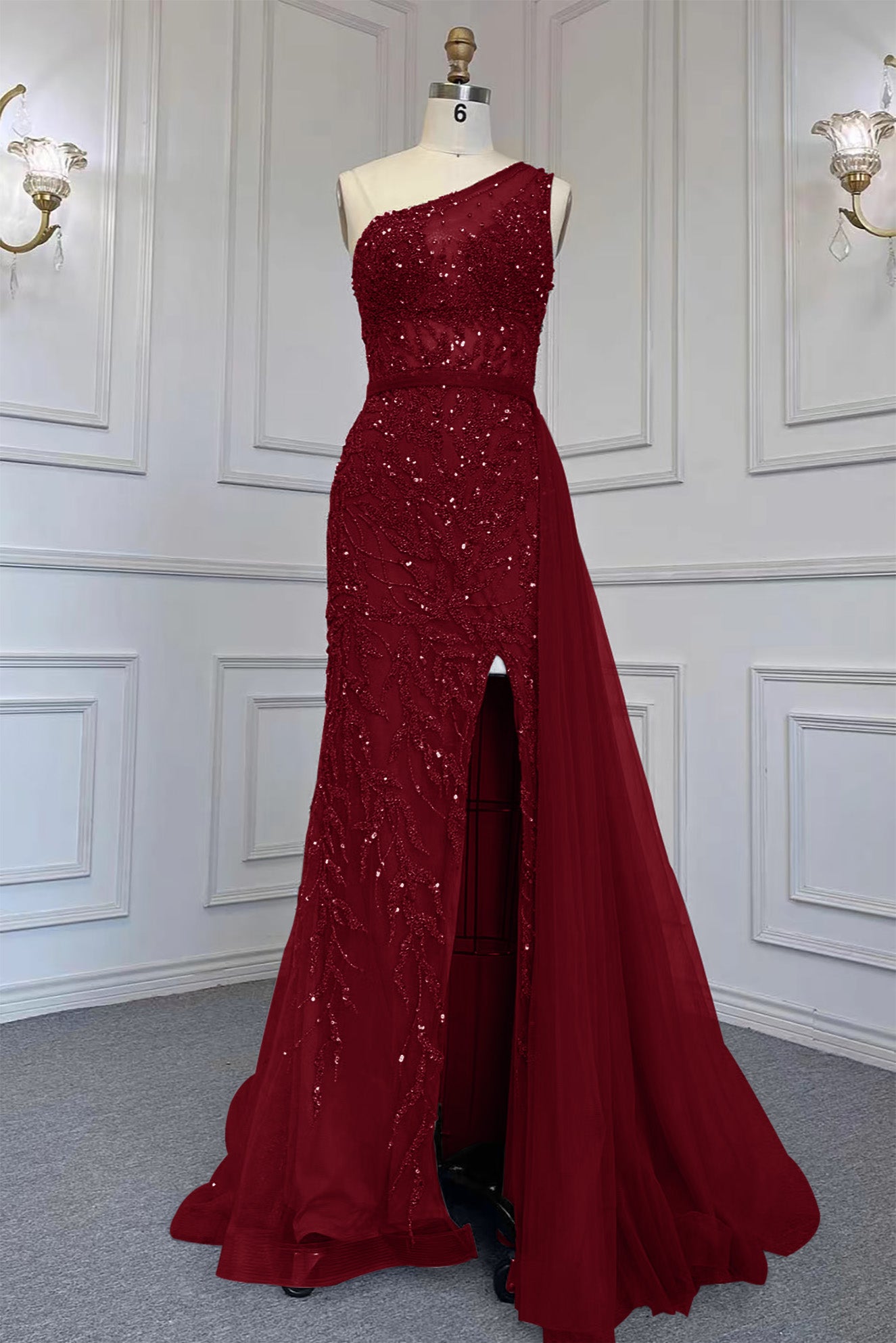 Elegant Beadings One Shoulder Tulle Evening Dress With Slit Rhinestone