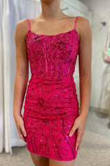 Sparkly Fuchsia Sequined Lace Tight Short Homecoming Dress/Mini Dress