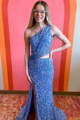 Golden Sequined Long Prom Dress with Mermaid Cut and One Shoulder