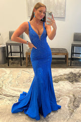 Royal Blue Beaded Long Prom Dress with Mermaid Deep V Neckline