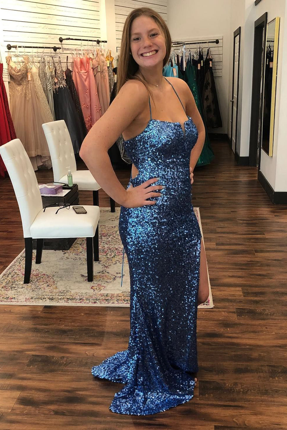Navy Sequins Long Prom Dress with Spaghetti Straps and Criss Cross Back Sheath