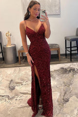 Long Dark Red Sequined Prom Dress with Front Split and Spaghetti Strap Sheath