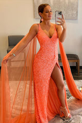 Long Sequined Prom Dress with Orange Watteau Train