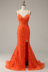 Mermaid Prom Dress with Orange Spaghetti Straps