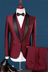 Wine Red Shawl Lapel Dinner Tuxedos Three-Piece Morning Suit Wedding