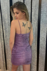 Glitter Purple Ruched Tight Short Homecoming Dress/Mini Dress