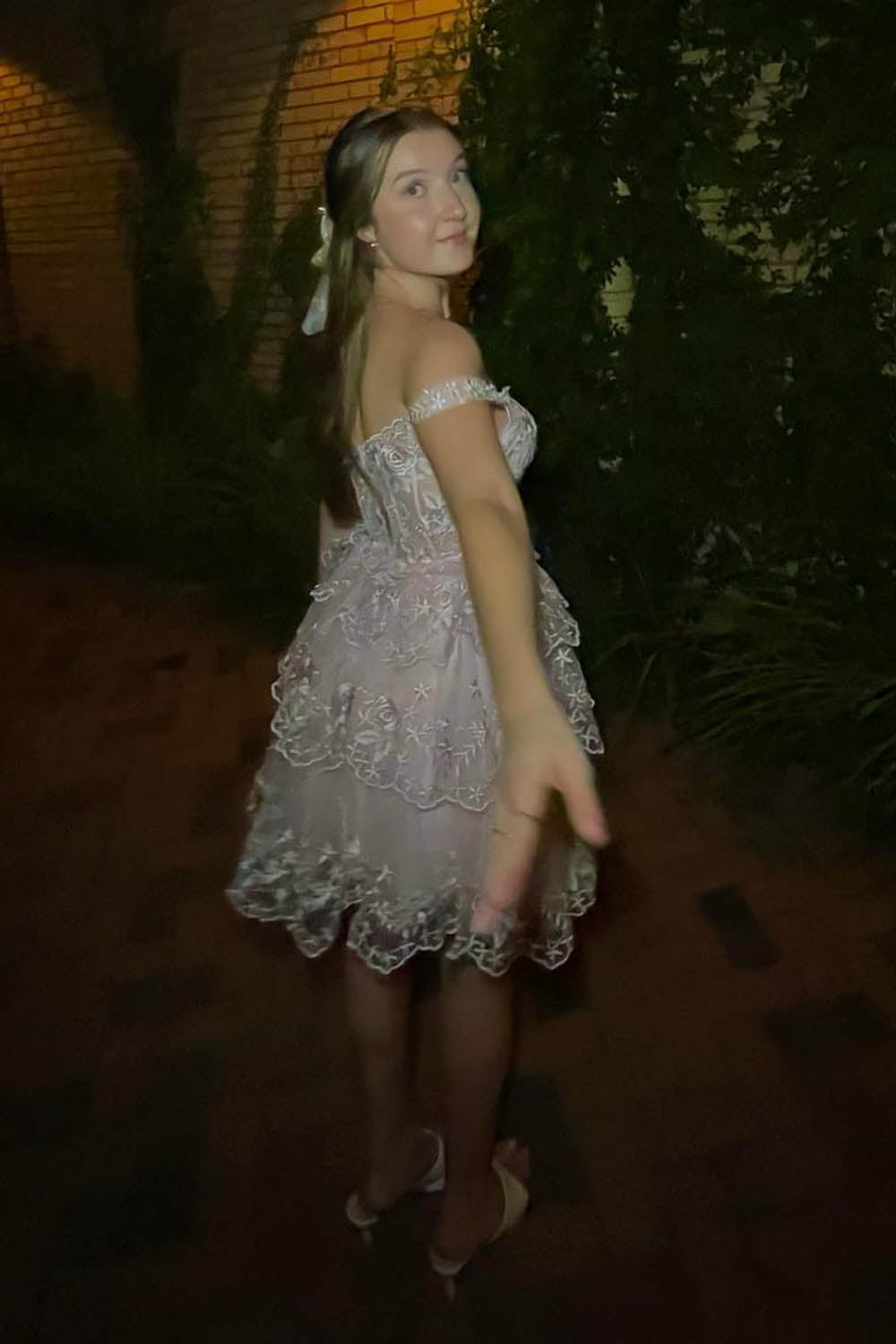 Pink A-Line Off the Shoulder Tiered Short Homecoming Dress/Mini Dress