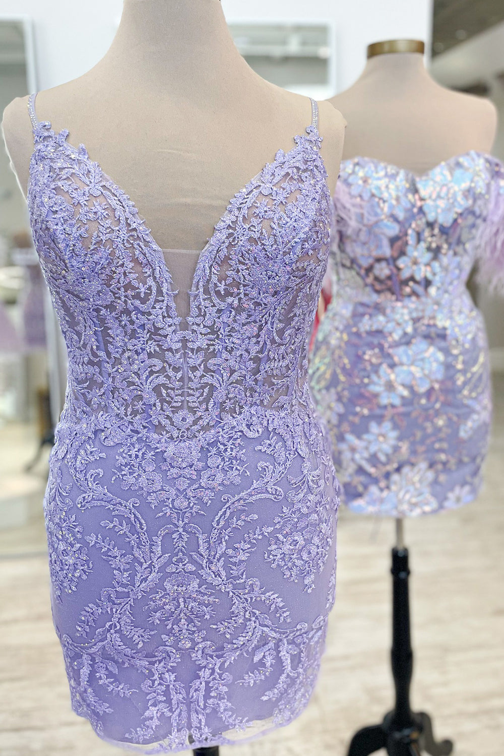 Lavender Lace Spaghetti Straps Tight Short Homecoming Dress/Mini Dress with Fringes