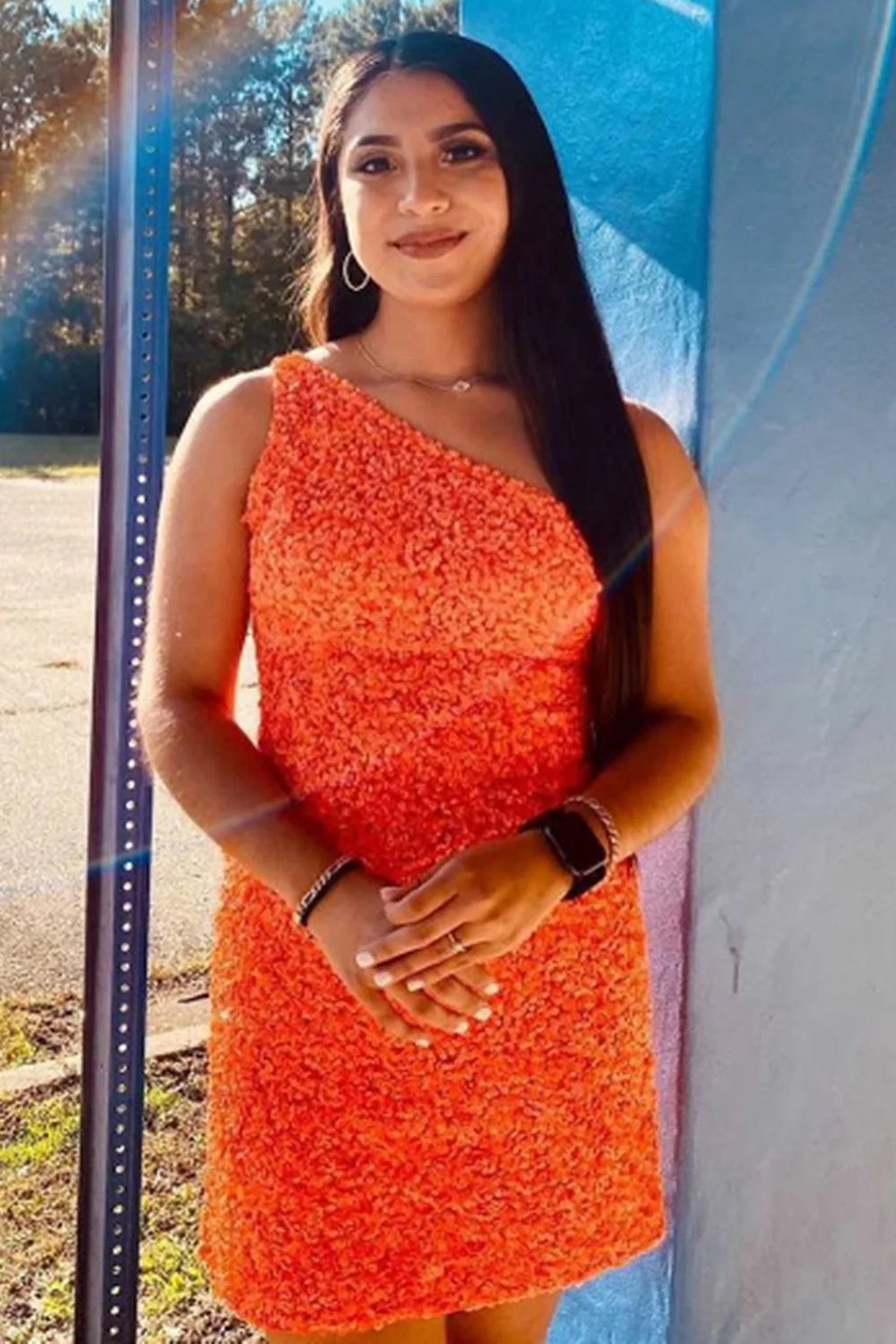 Fuchsia Sequins One Shoulder Homecoming Dress/Mini Dress