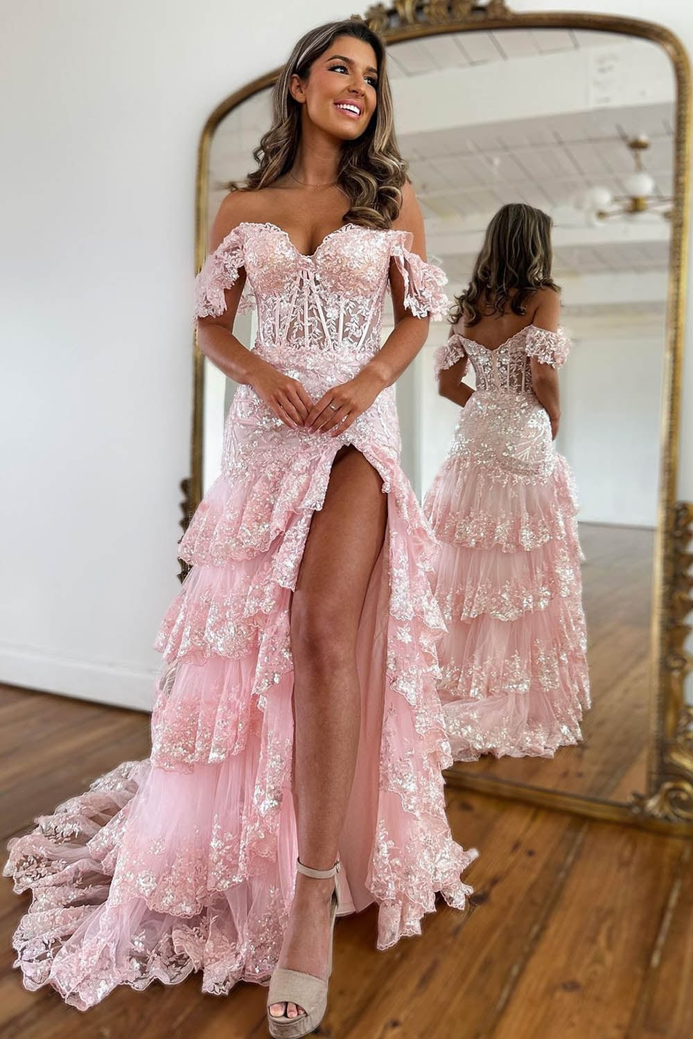 Long Red Prom Dress with Lace in an Off-the-Shoulder A-Line Design