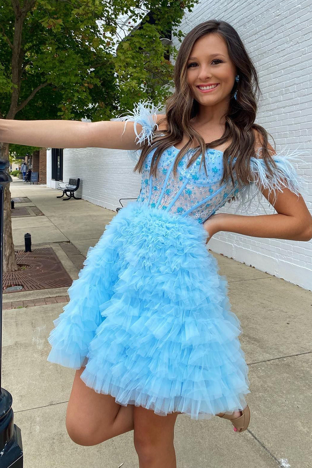 Sparkly Purple Corset A-Line Short Homecoming Dress/Mini Dress with Feathers