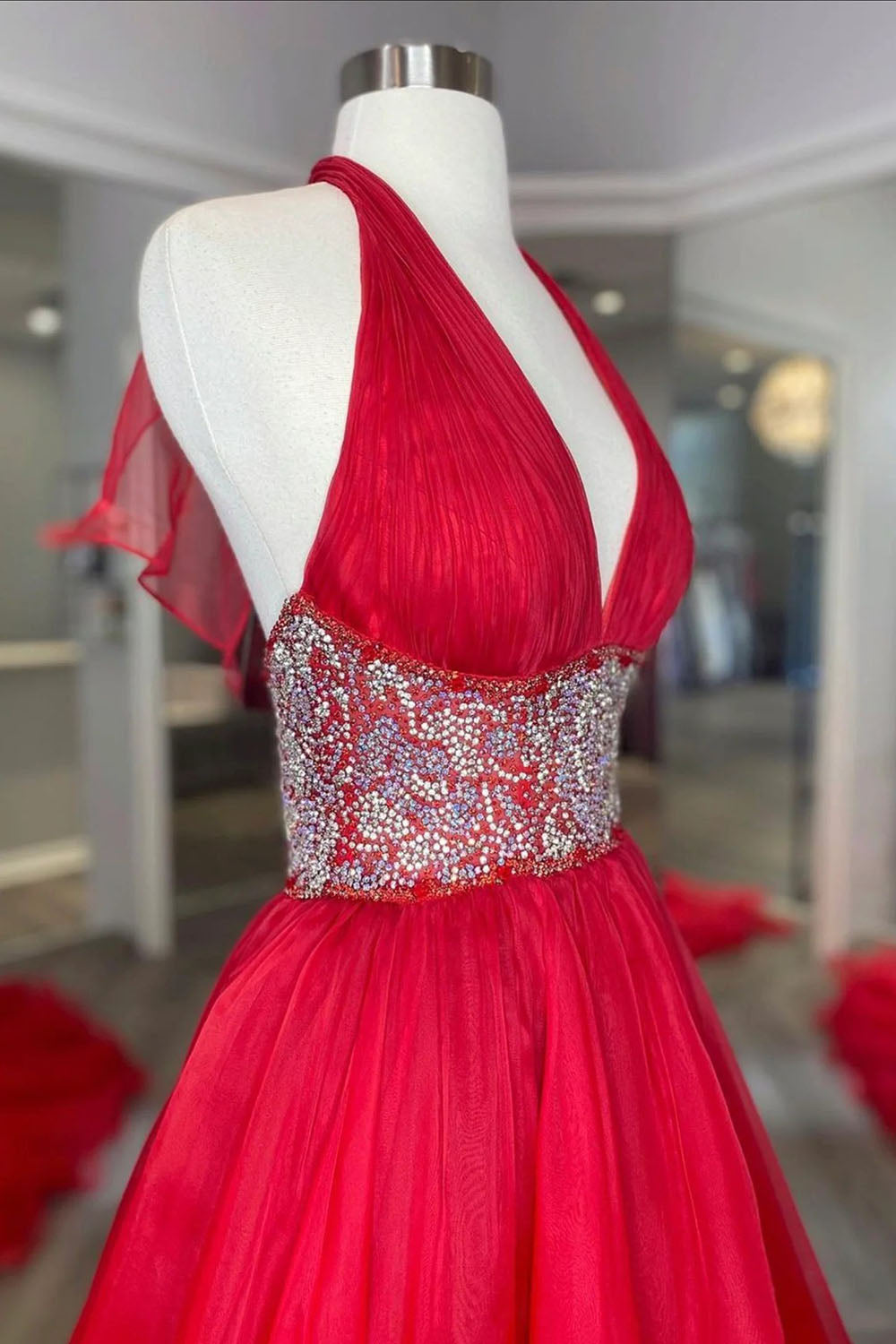Long Red Prom Dress with Beading in A-Line Halter Neck Style
