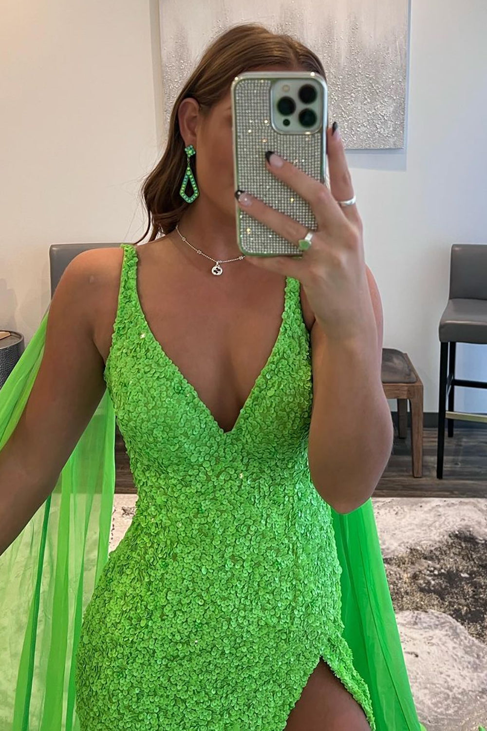 Long Orange Prom Dress with Watteau Train and Sequins