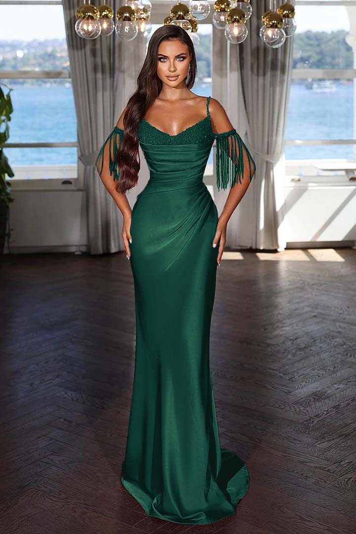 Luxury Hot Pink Spaghetti Strap Mermaid Long Evening Dress With Chic Tassels and Sequins