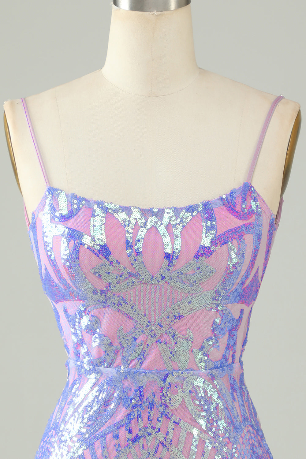 Sparkly Purple Spaghetti Straps Backless Short Tight Homecoming Dress/Mini Dress with Sequins