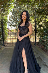 Black Sweetheart A-Line Prom Dress with Front Split Corset