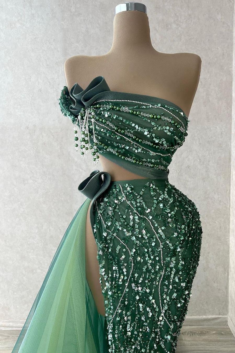 Tulle Strapless Sleeveless High Split Long Formal Dress With Beading
