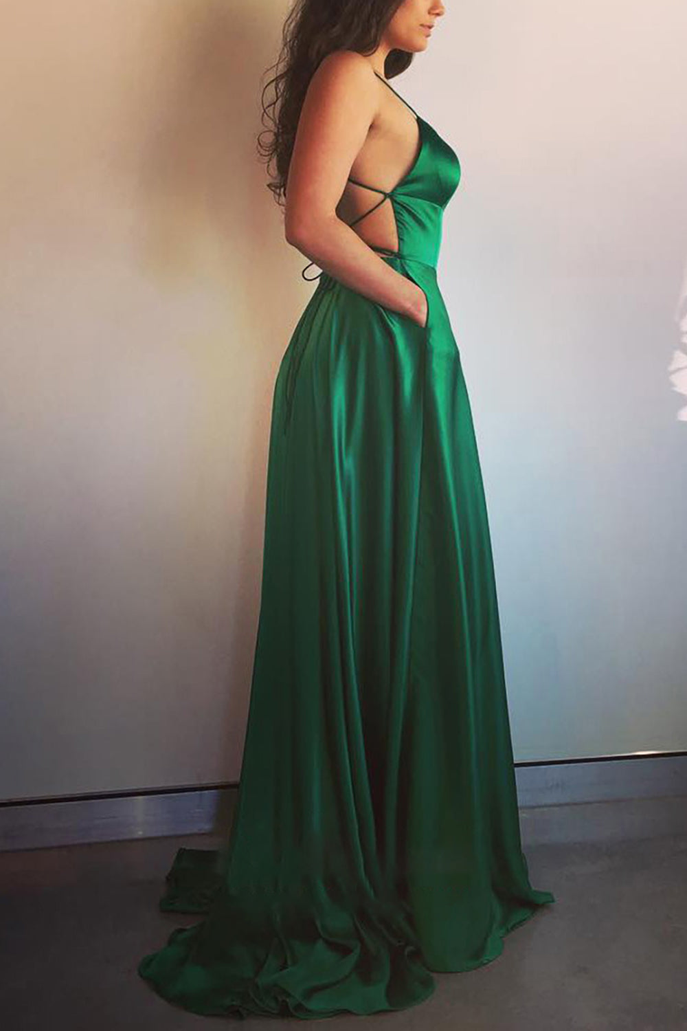 Simple Backless Prom Dress in Green Satin with A-line Cut