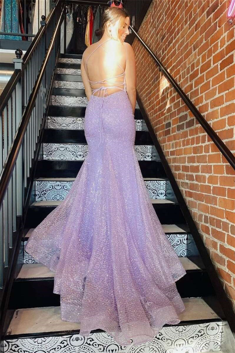 Shallow Purple Spaghetti Strap Sequins Backless Slit Mermaid Evening Dress