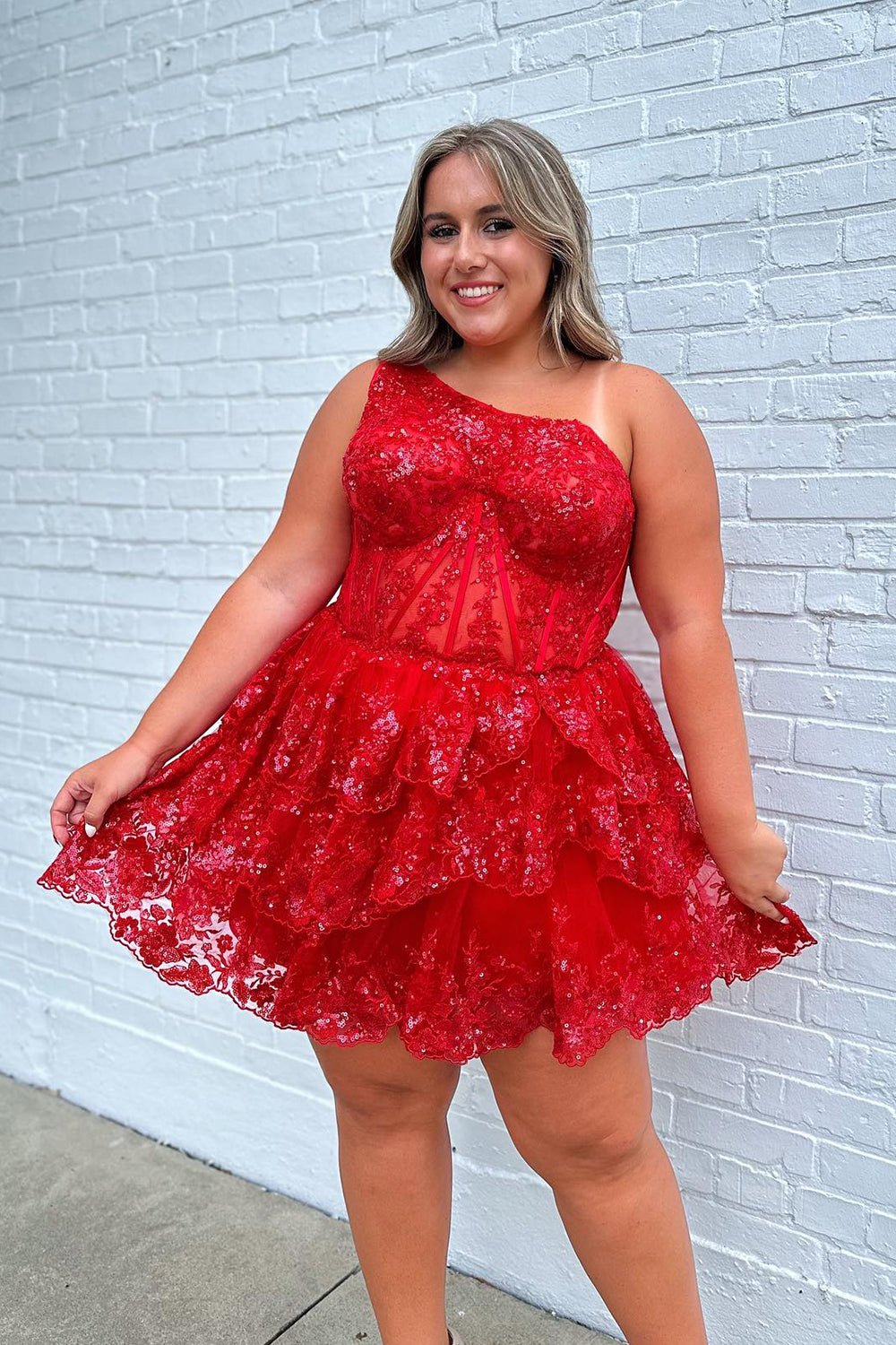 Sparkly White Tiered Lace One Shoulder Short Homecoming Dress/Mini Dress