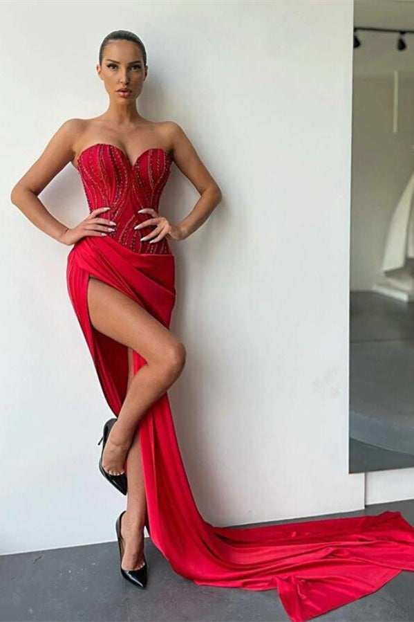 Red Sweetheart Sleeveless Long Formal Dress Mermaid Beadings With High Split