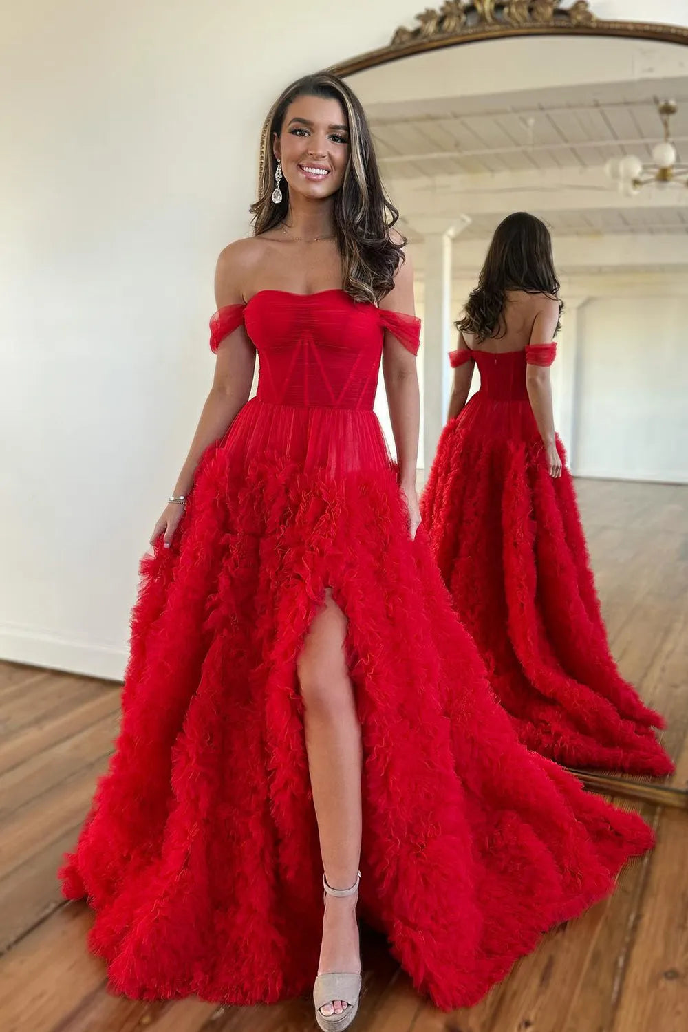 Pink Off-the-Shoulder Princess Corset Prom Dress with A-Line Ruffles